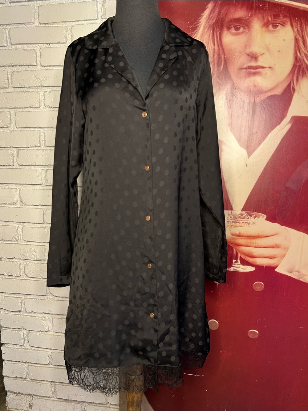 Black Polka Dot Satin Sleep Shirt with Lace Trim